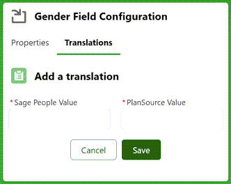 Screenshot: Translations tab on a field configuration dialog, displaying a row for adding a translation between Sage People value and PlanSource value